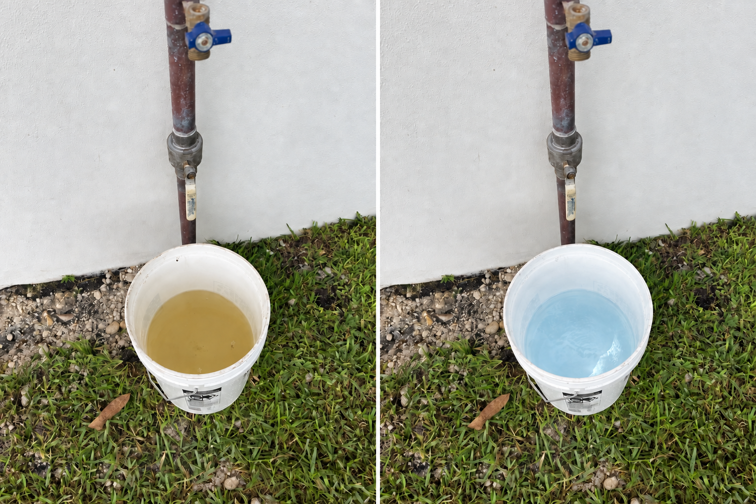 Side-by-side comparison of yellow-tinted water before treatment and clear-looking water after treatment at one Delray Beach property